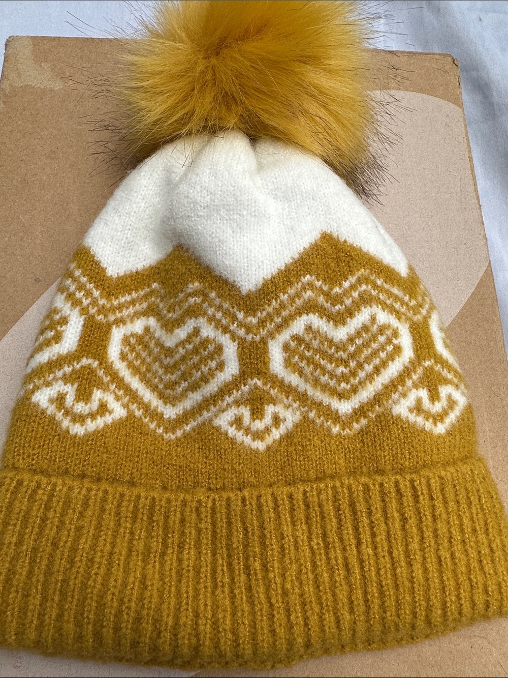 Kids Mustard and White Heart-Knit Pom Beanie